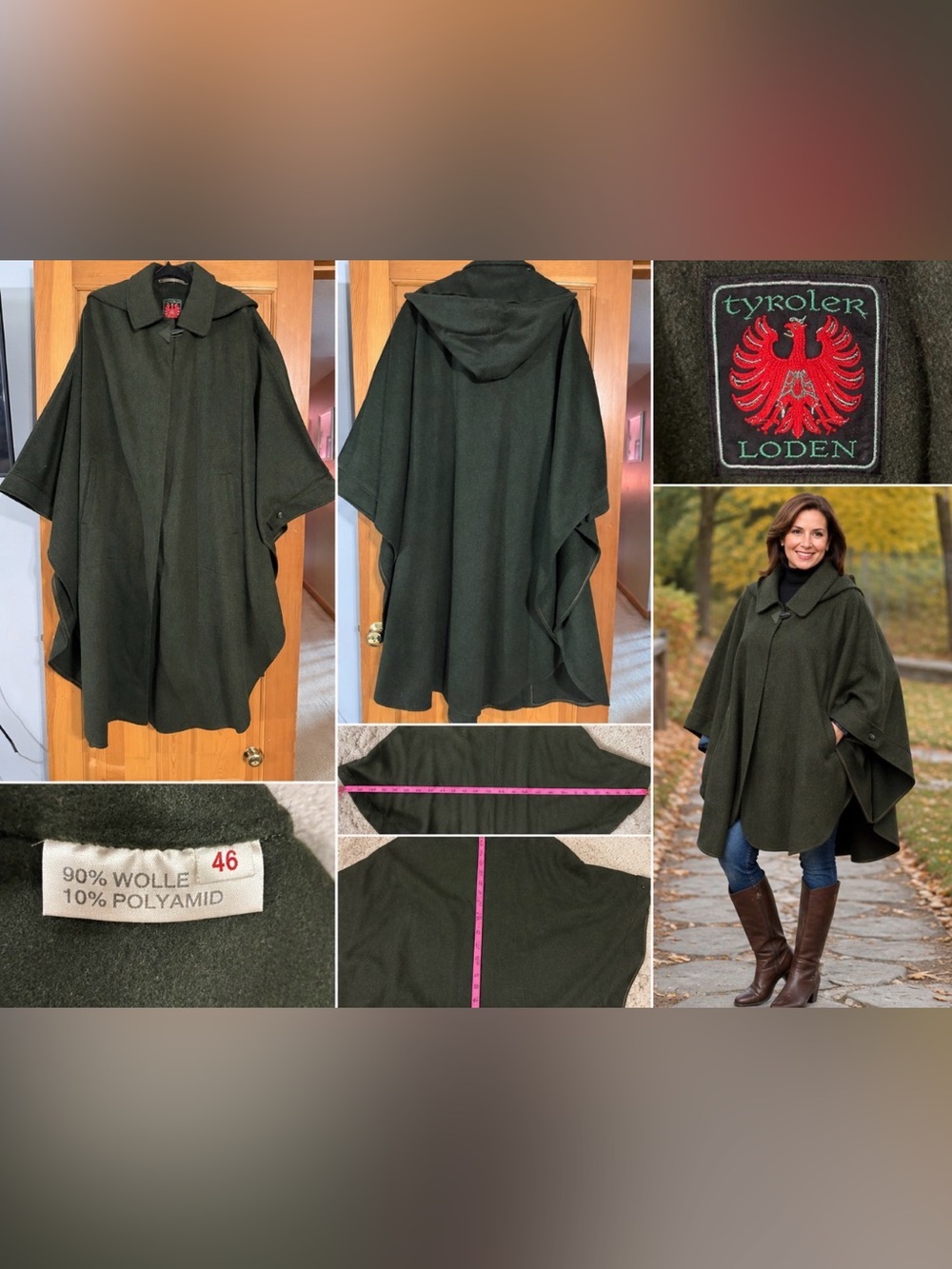 Tyroler Loden Wool Cape Coat Size 46 Green Hooded Austrian Poncho Vintage